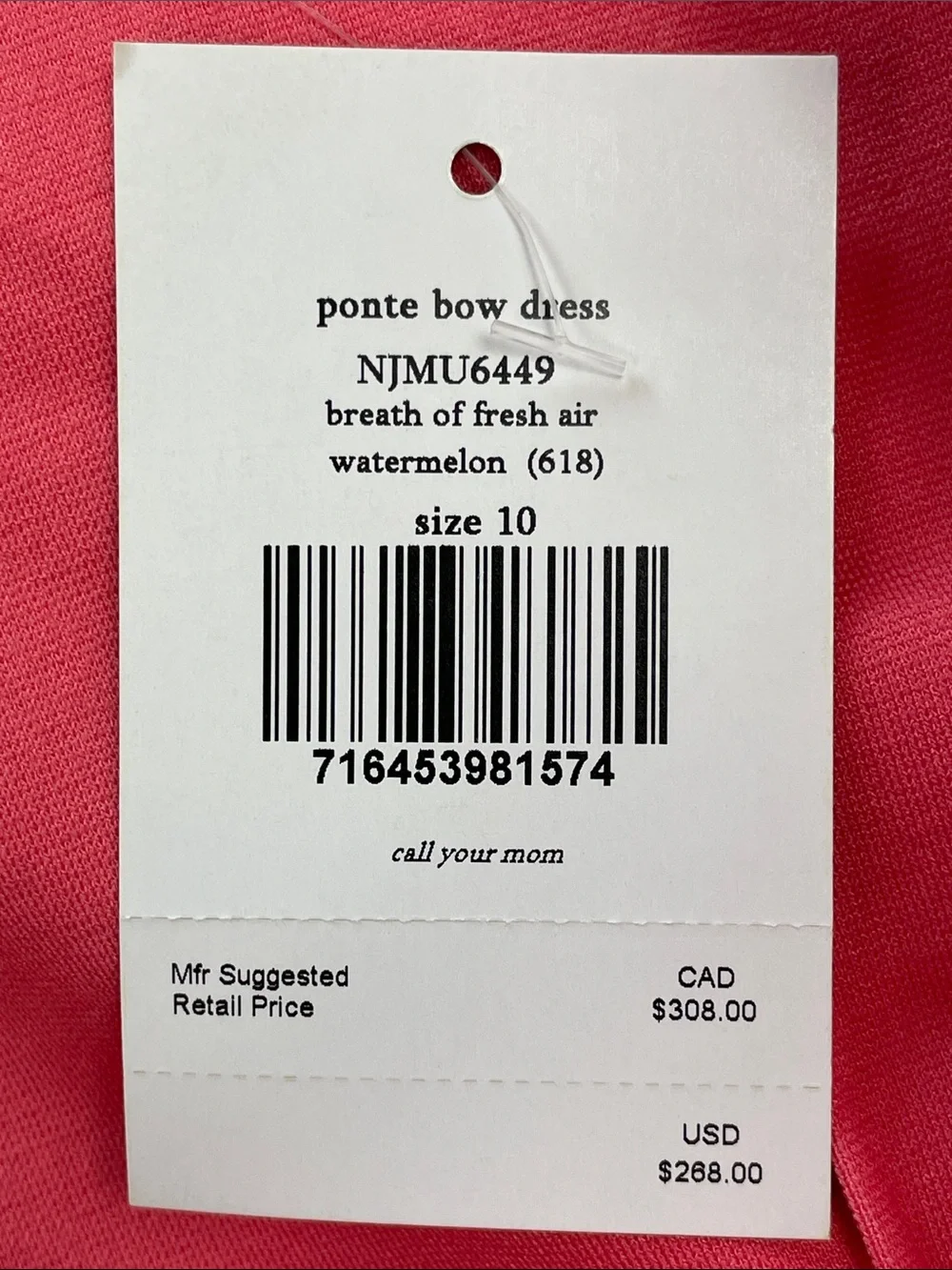 NWT Kate Spade Ponte Bow Dress Coral Pink Watermelon Sz 10